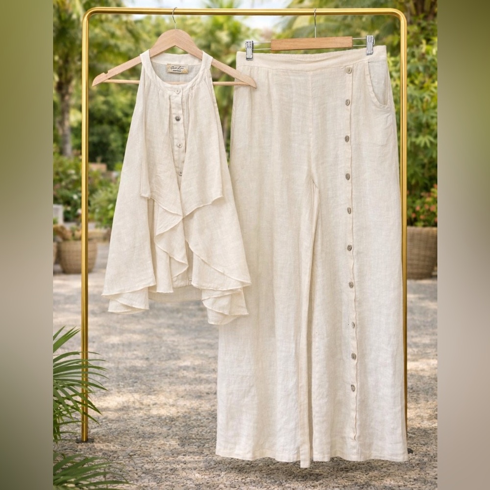 2-Piece Italian Linen Sleeveless Ruffle Top Wide Leg Pants - Multi Color Options